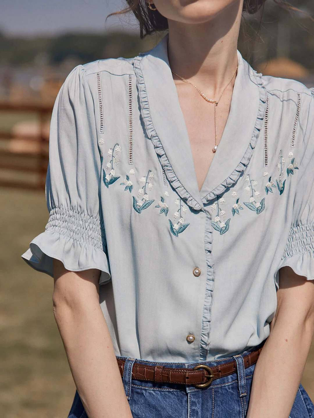 Convallaria Floral Embroidered Blue Puff Top
