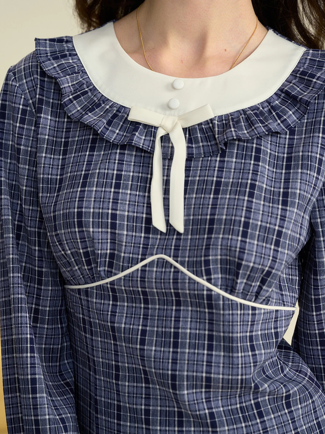 【Final Sale】Whitney Round Neck Tie Bow Collision Blue Check Dress