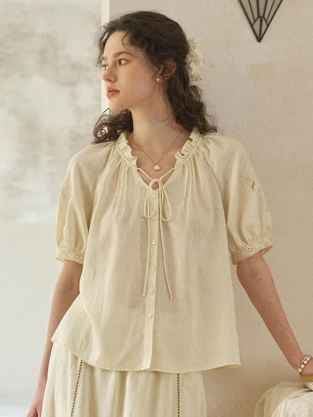Fatima Ruffle Collar Puff Sleeve Linen Blouse