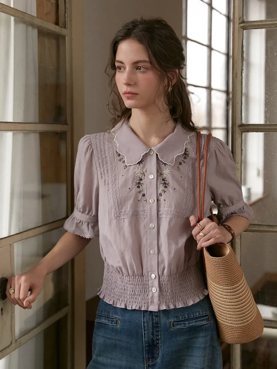 Sarahi Peter Pan Collar Embroidered Linen Blouse