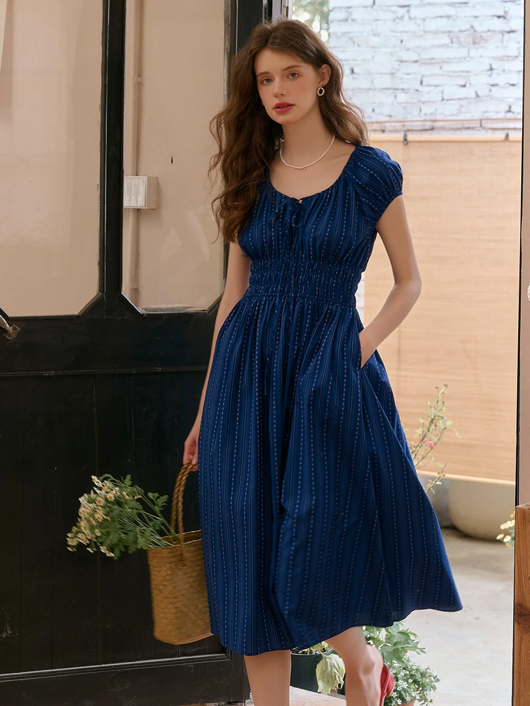 Sapphire Round Neck Waist Cotton Dress