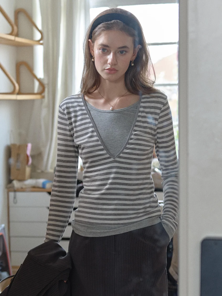 Amyra All-Purpose Cozy V-Neck Striped Layered Top