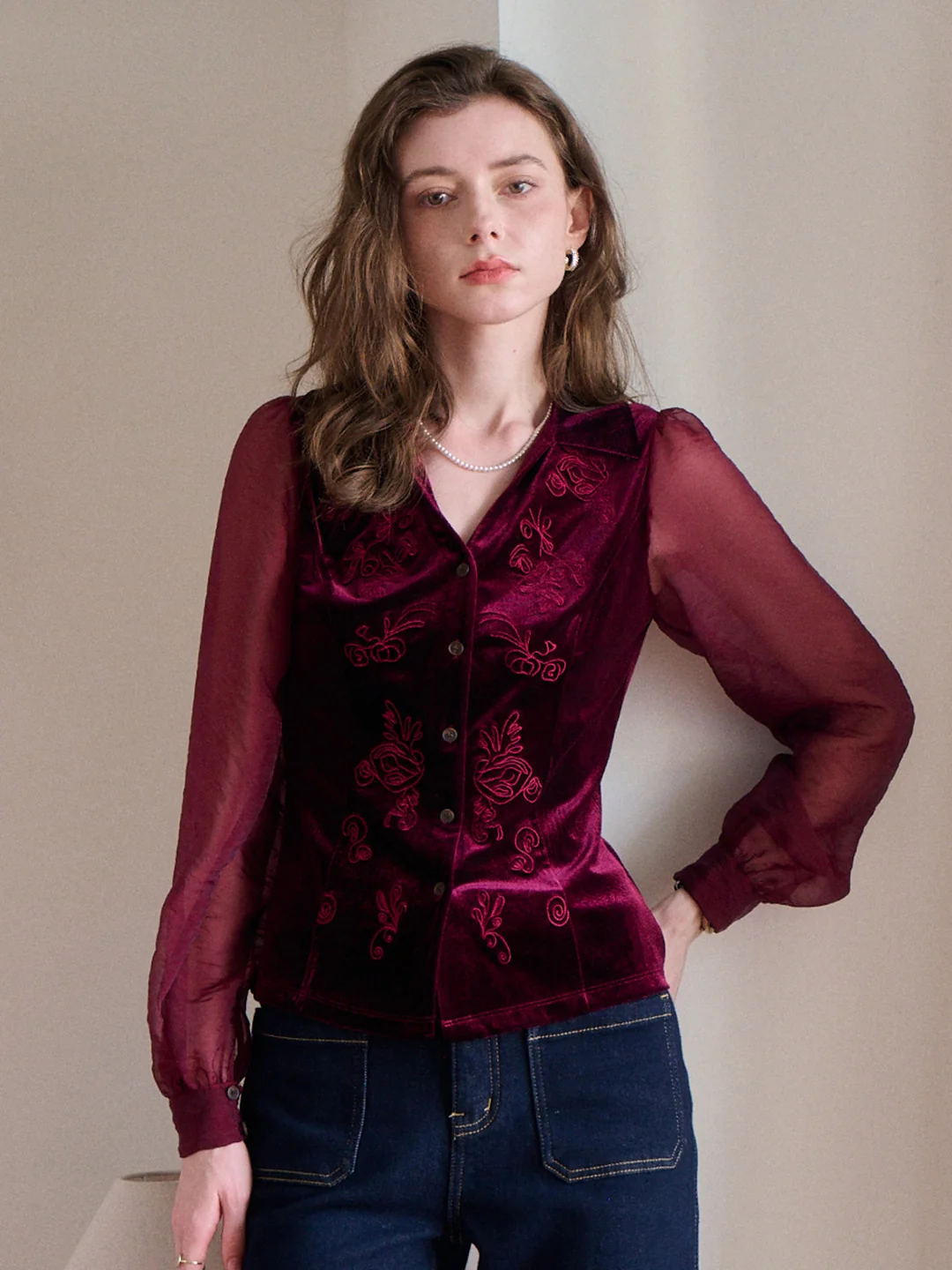 Sevyn V-Neck Velvet Blouse