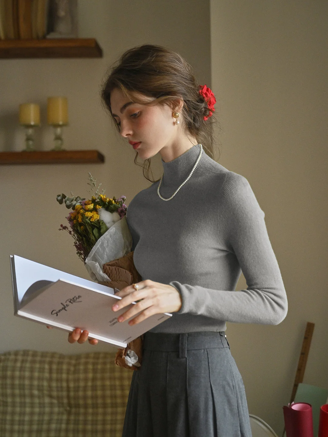 Erin 100% Wool Simple Mock Neck Slim Fit Sweater - Apricot
