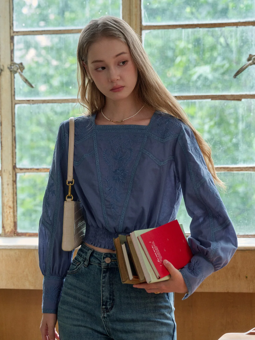 Oakley Square Neck Embroidery 100% Cotton Blouse