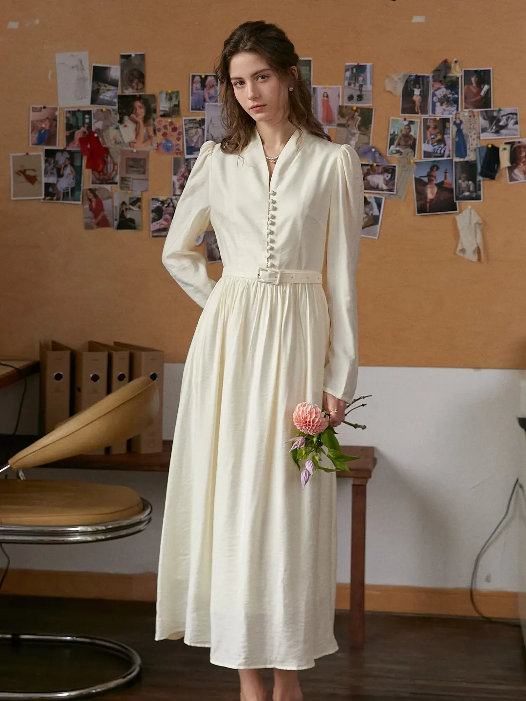 Bridget V-Neck Off White Dress