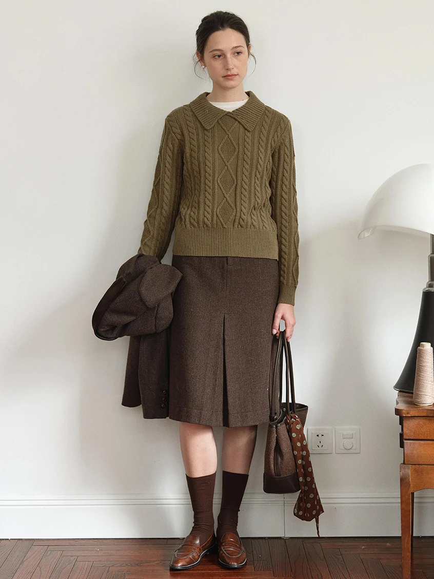 Zemira Lapel Collar Cable Knit Sweater