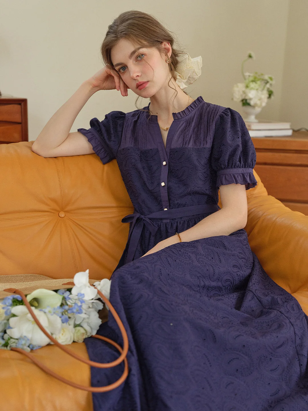 Aitana Rose Embroidered V-neck Puff Sleeve Lace Cotton Dress