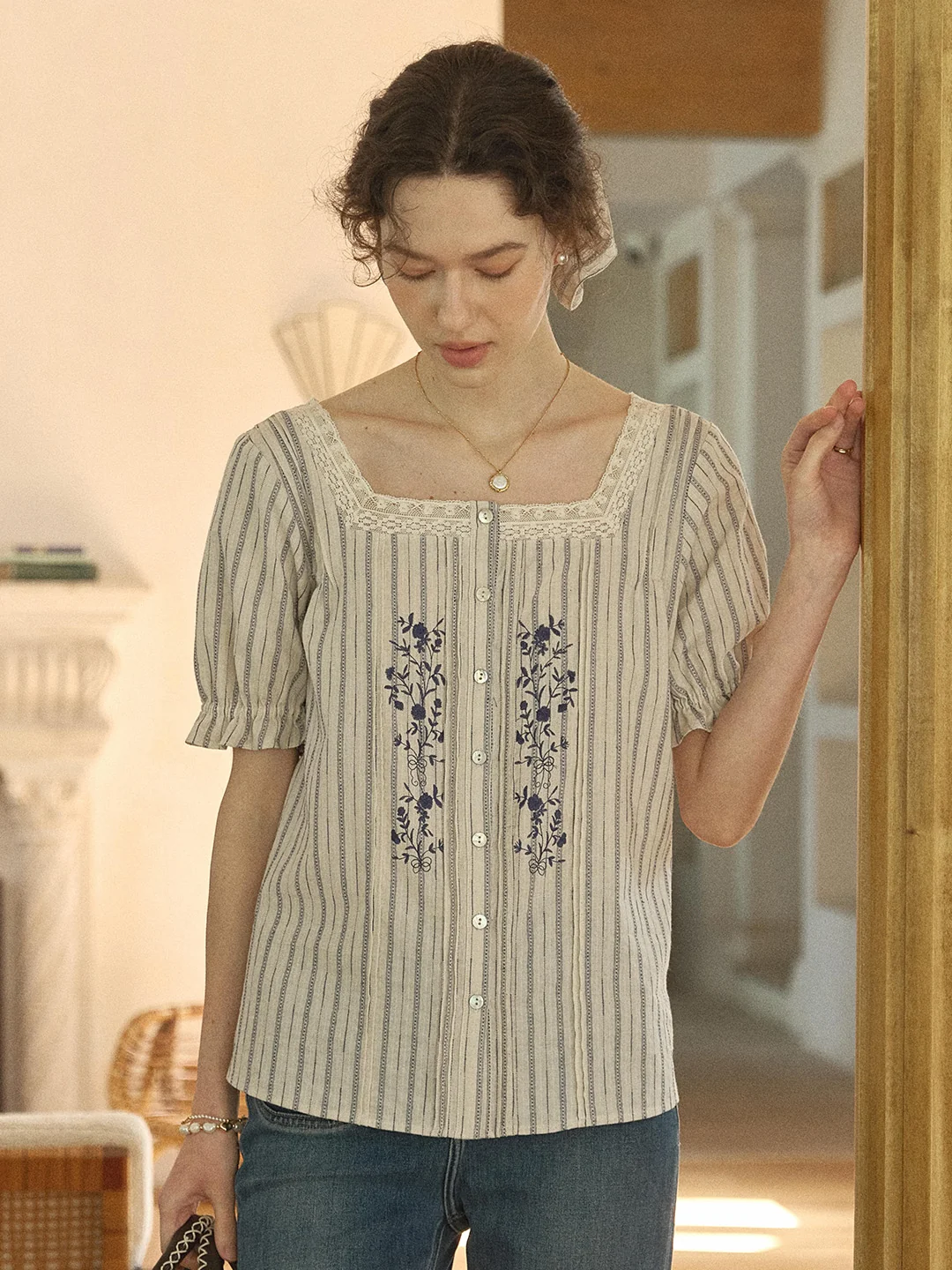 Jemma Square Neck Embroidered 100% Cotton Blouse