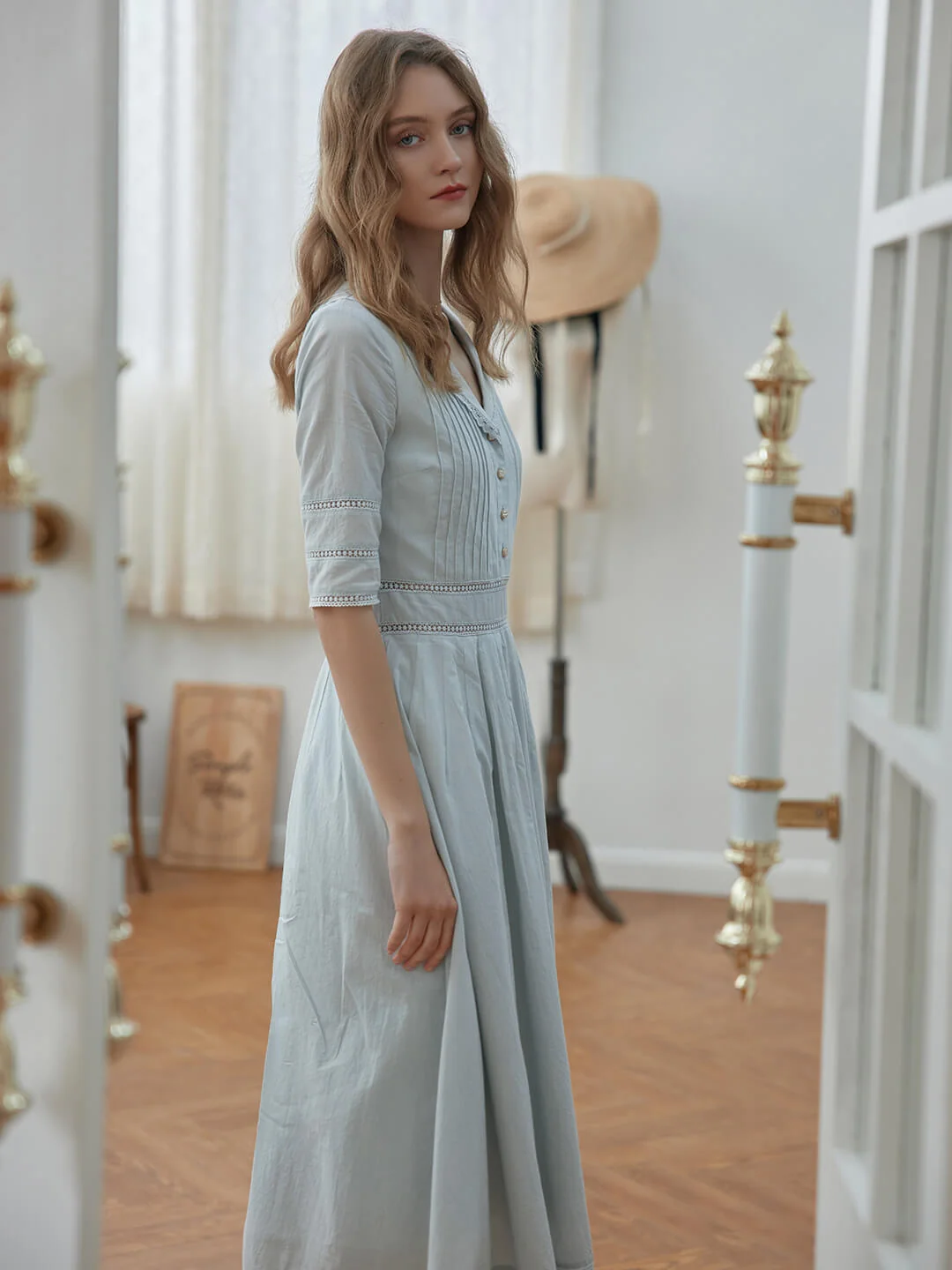 Fiona 100% Cotton Gray Blue Midi Dress