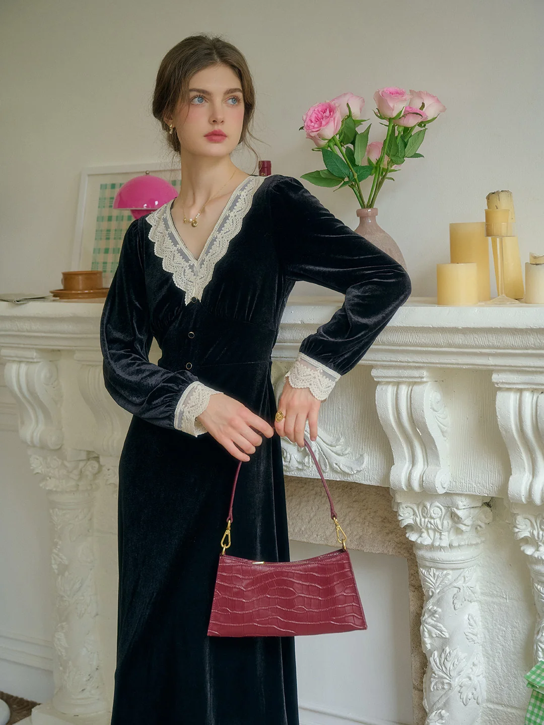 Kristen Elegant V-Neck Contrasting Lace Velvet Dress