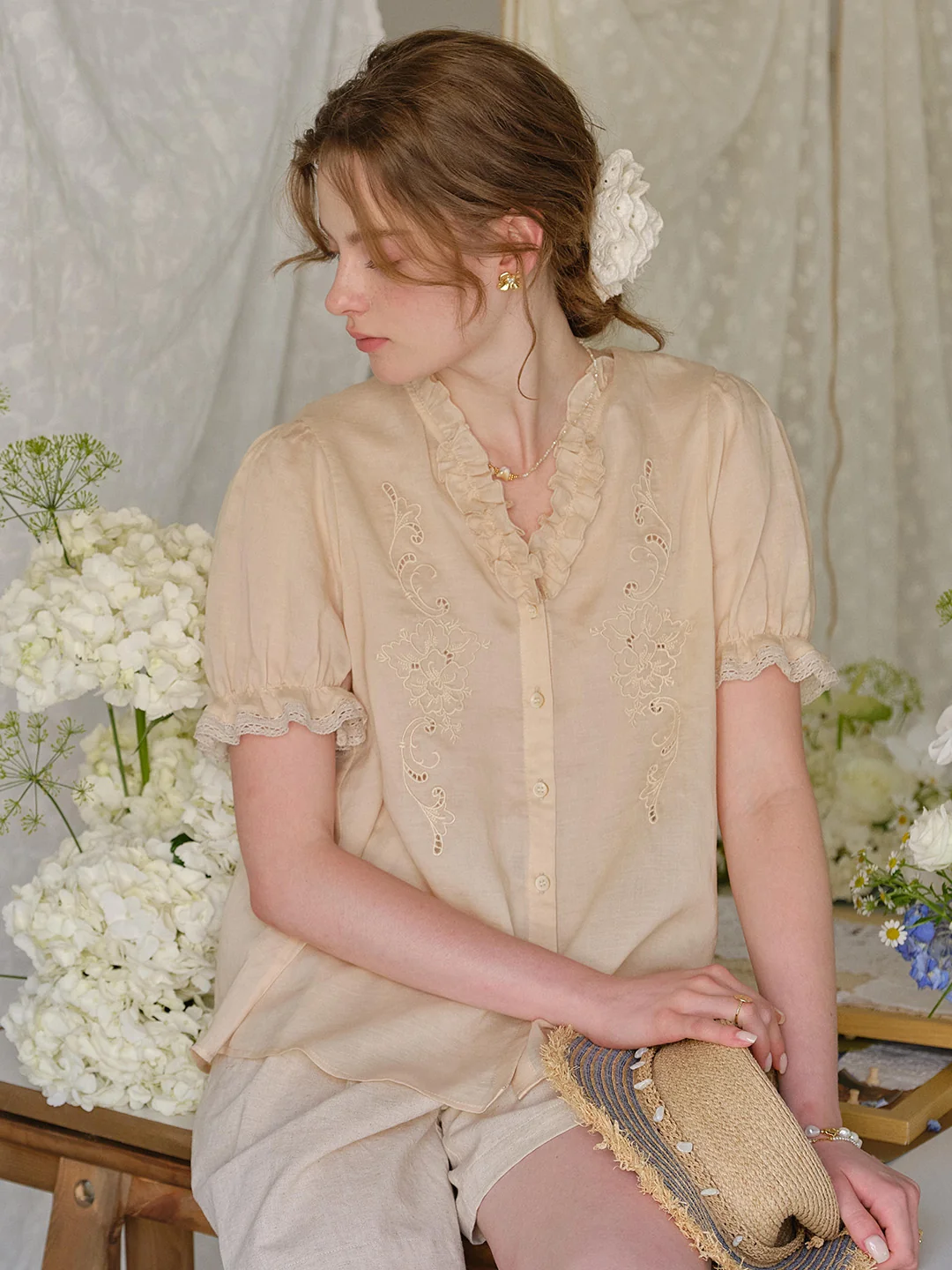 Amelia V- Neck Embroidered Ramie Blouse