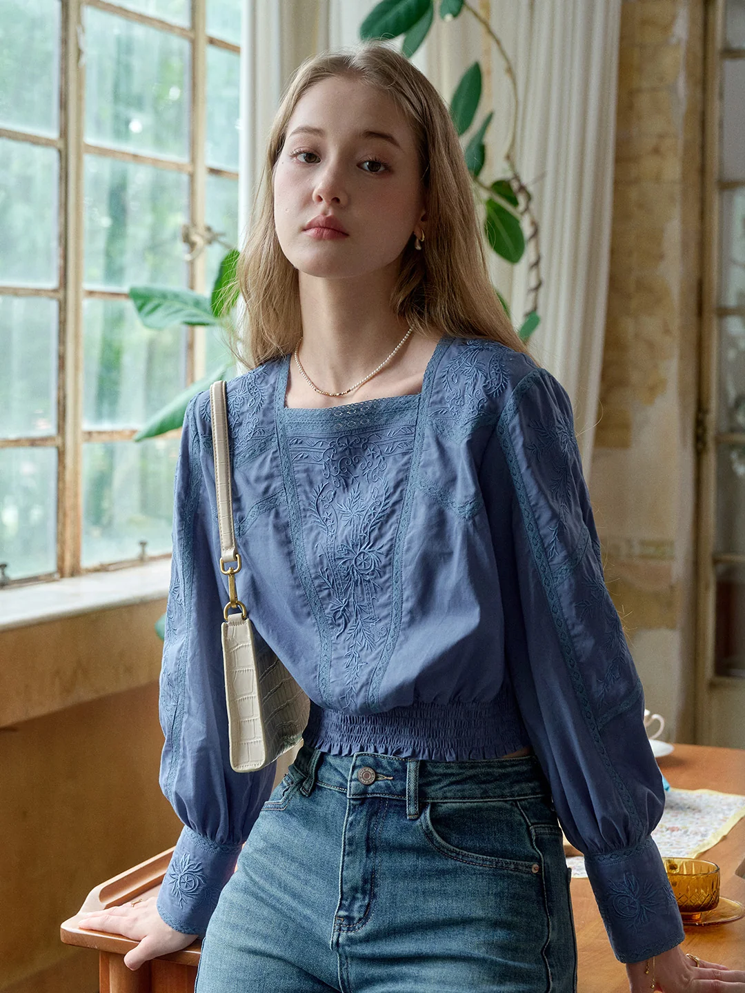 Oakley Square Neck Embroidery 100% Cotton Blouse