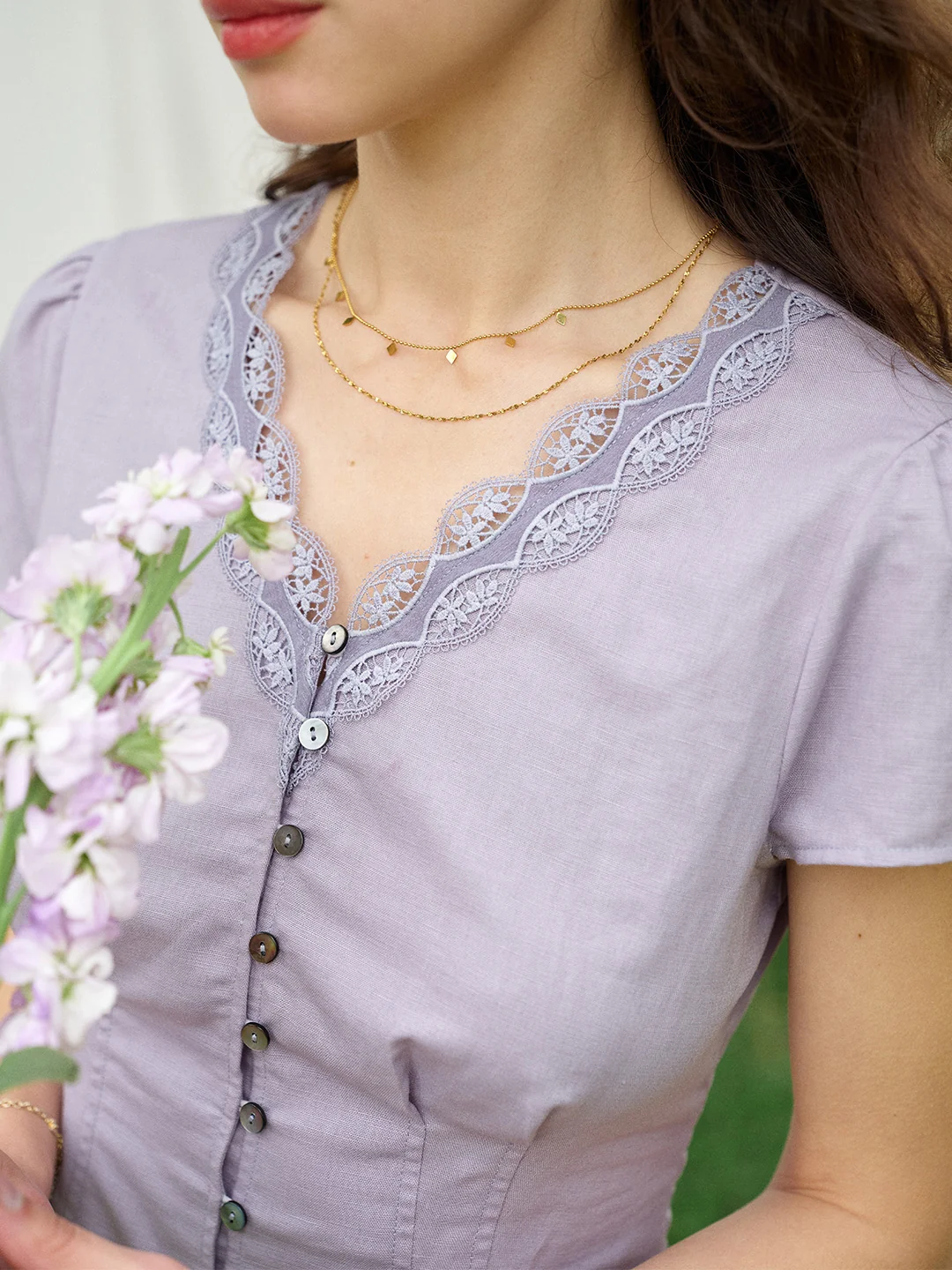 Kairi V-Neck Lace Trim Linen Cotton Blouse