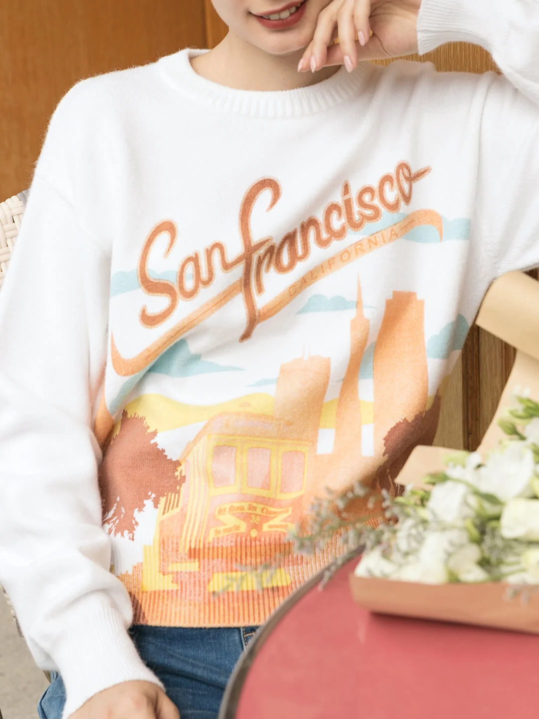 【Final Sale】Elaina Printed Crewneck White Knit Sweater