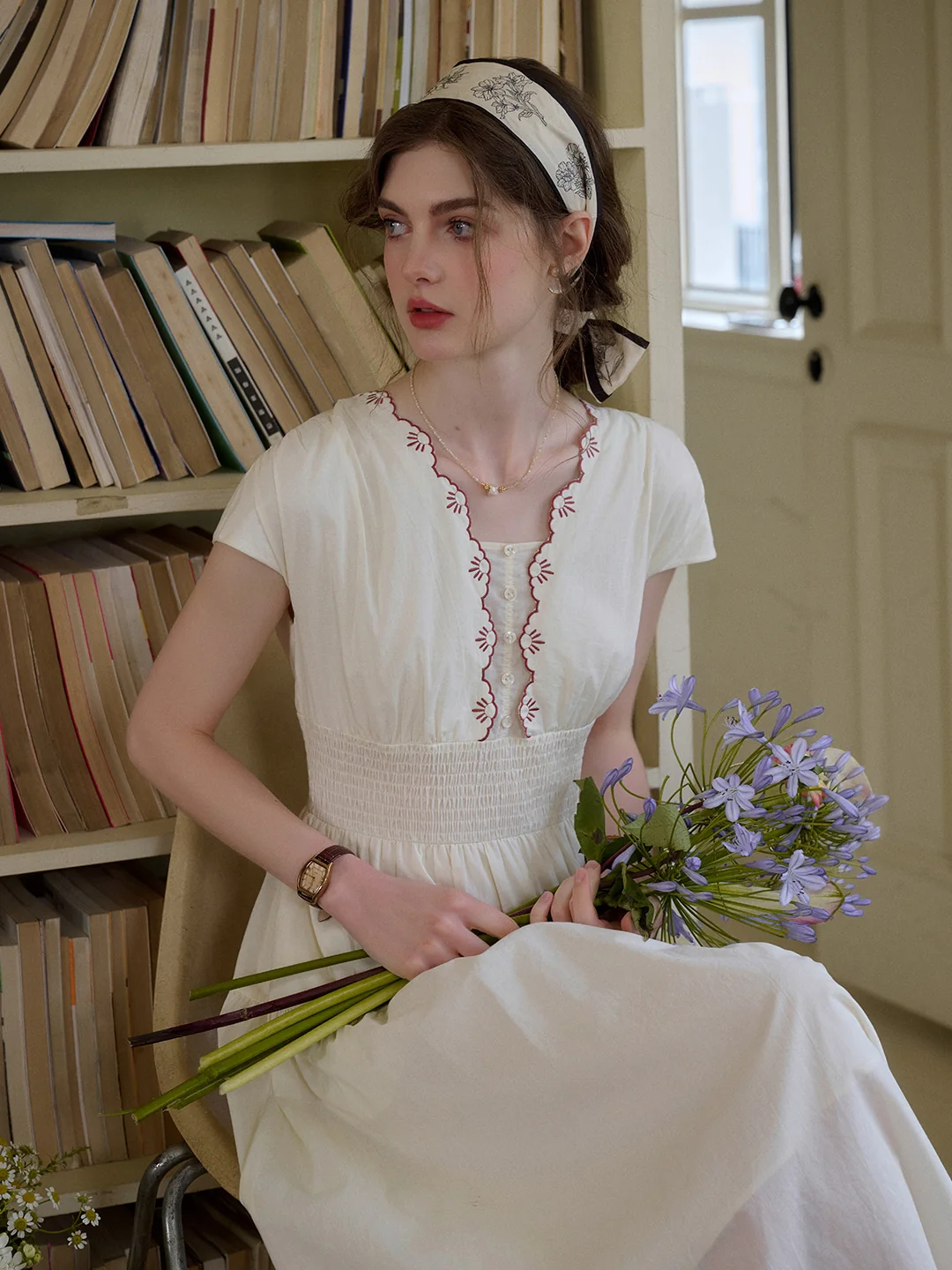 Adalyn Wavy Neck Embroidery 100% Cotton Dress