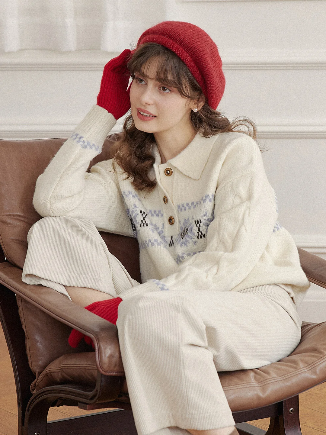 Norah Snowflake Jacquard Polo Fair Isle Knit Sweater