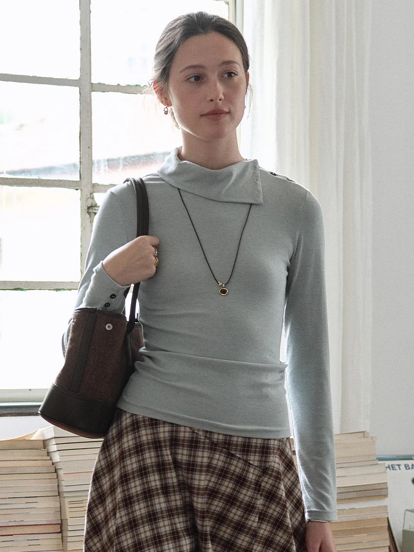 Janina Draped Collar Slim-Fit Ruched Top