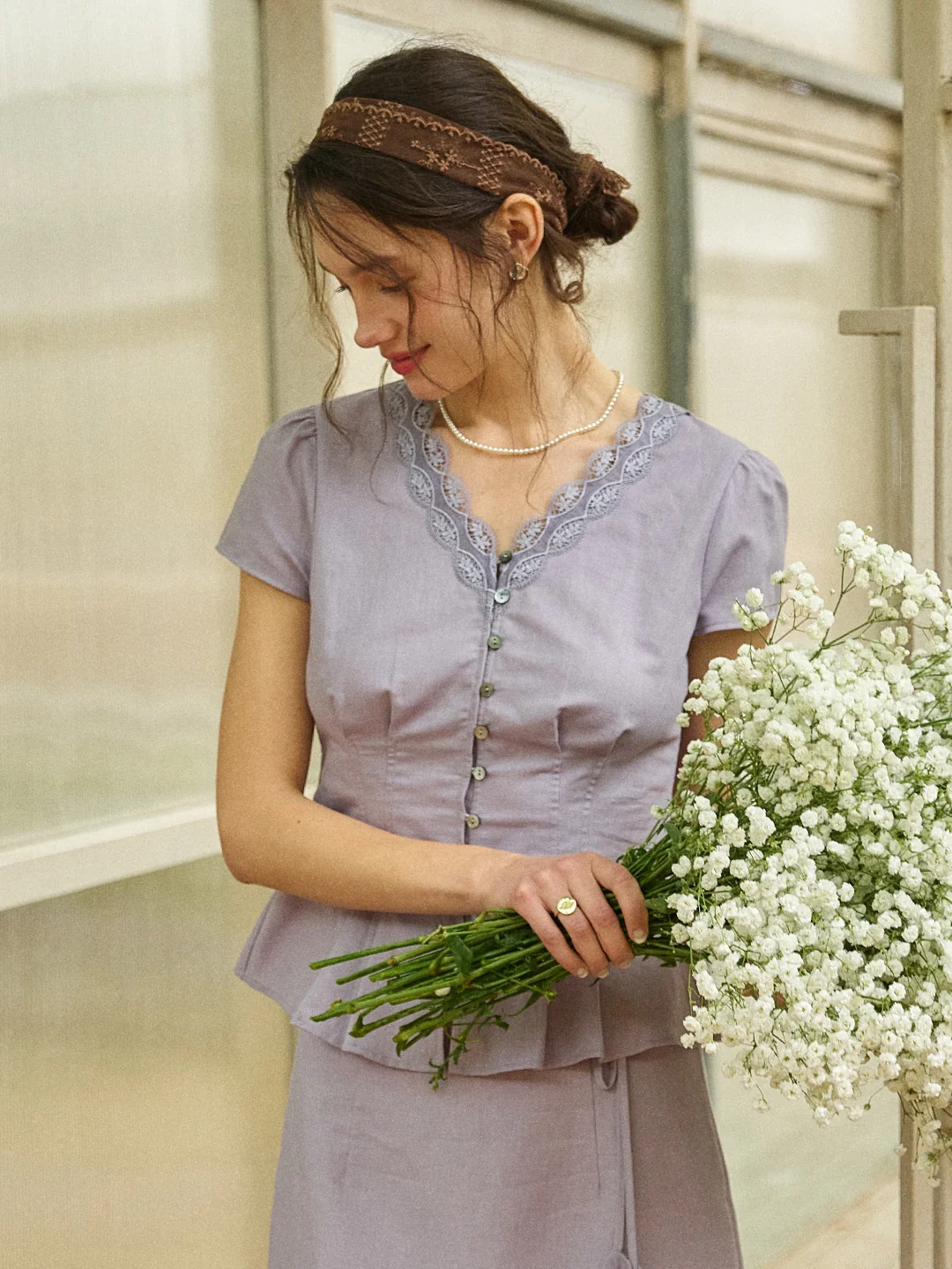 Kairi V-Neck Lace Trim Linen Cotton Blouse