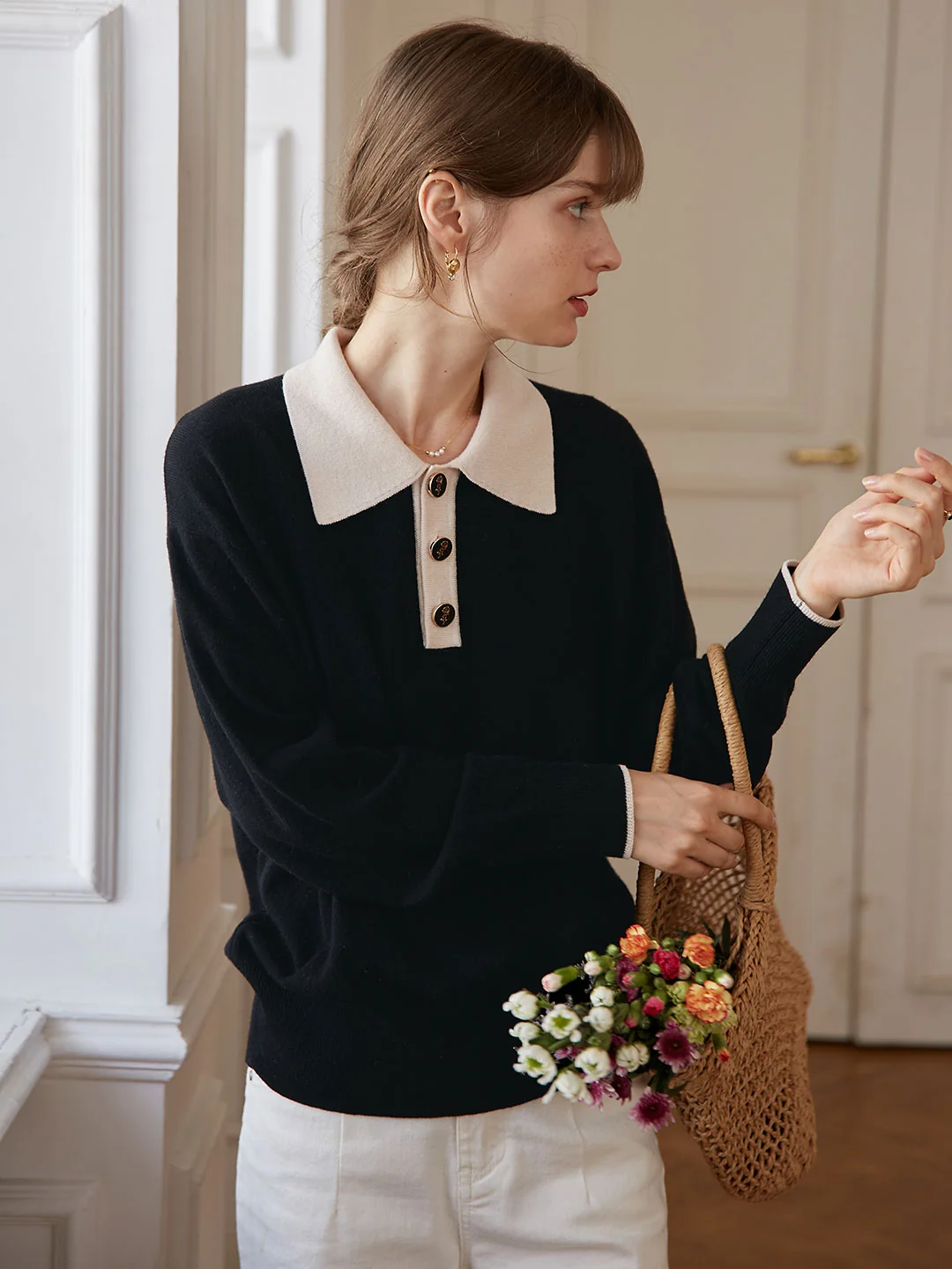 Selena Polo Contrast Collar 100% Wool Knit Sweater