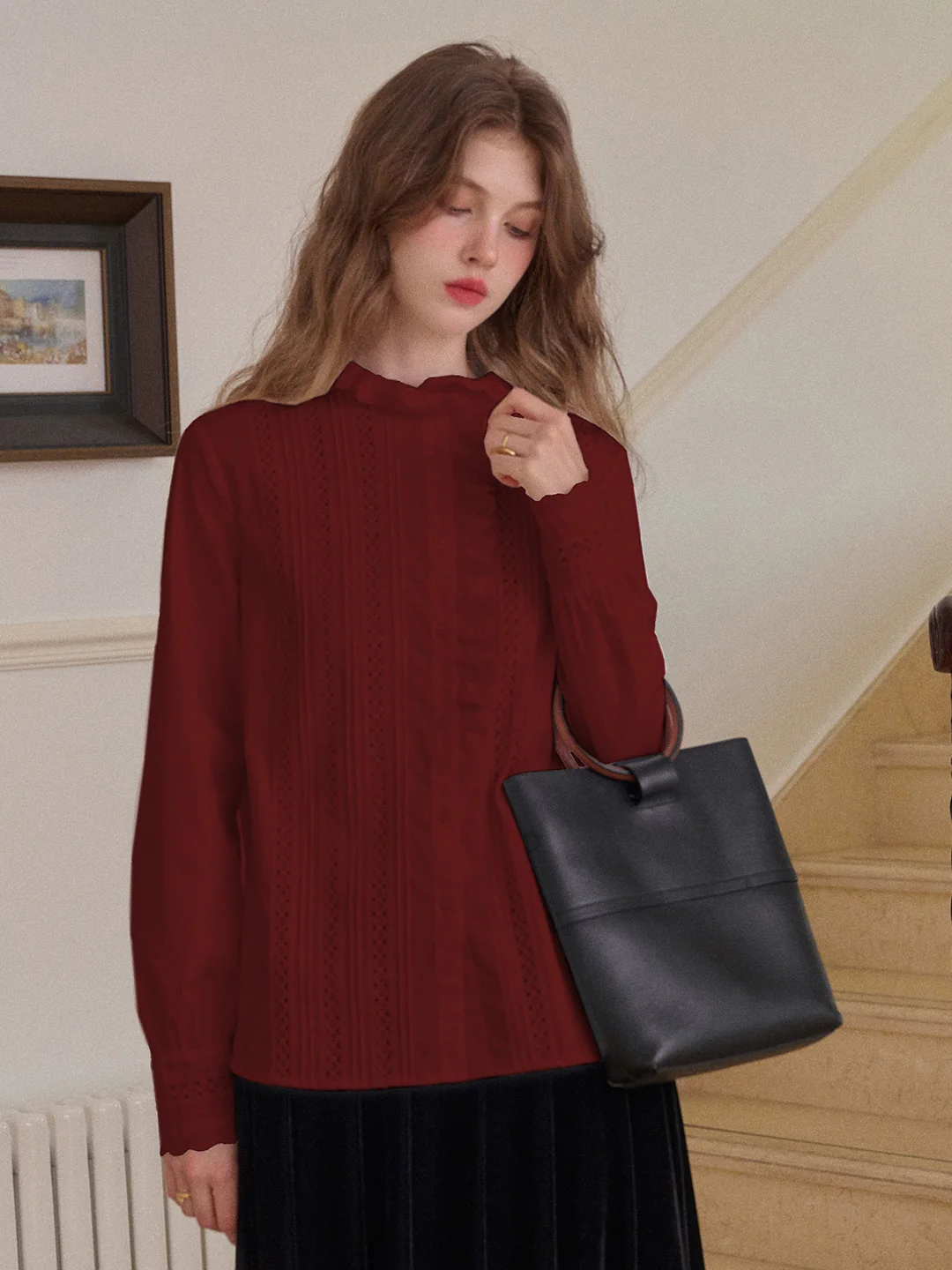 Journi Ruffle Collar Hollow 100% Cotton Blouse