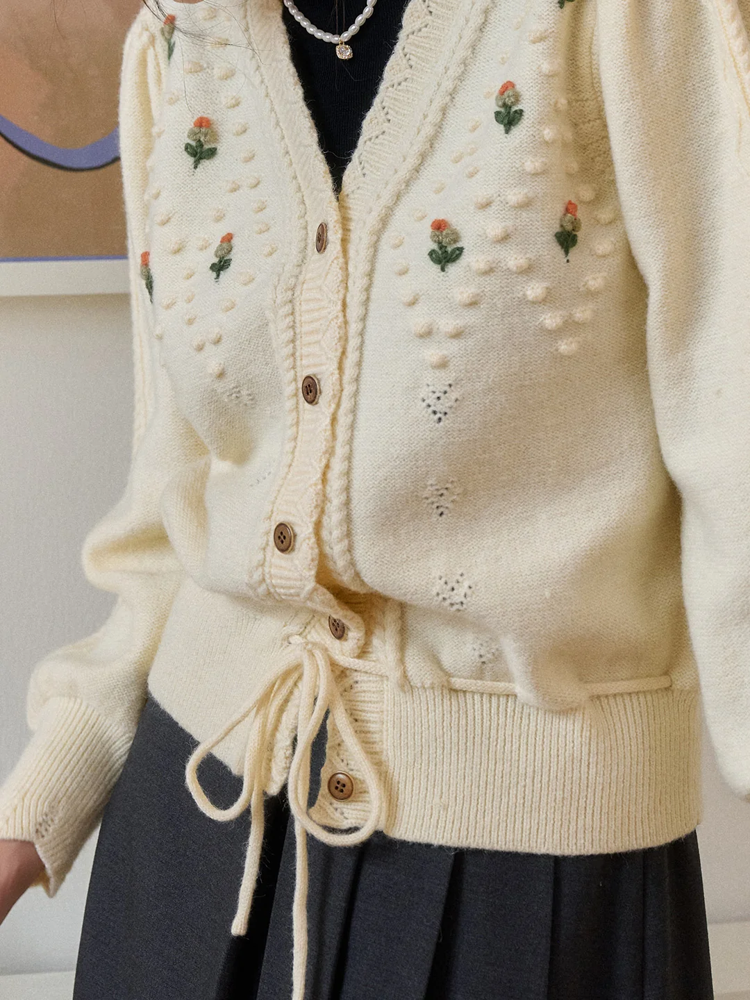 【Final Sale】Kira V-Neck Crochet Tie-Waist Wool Sweater