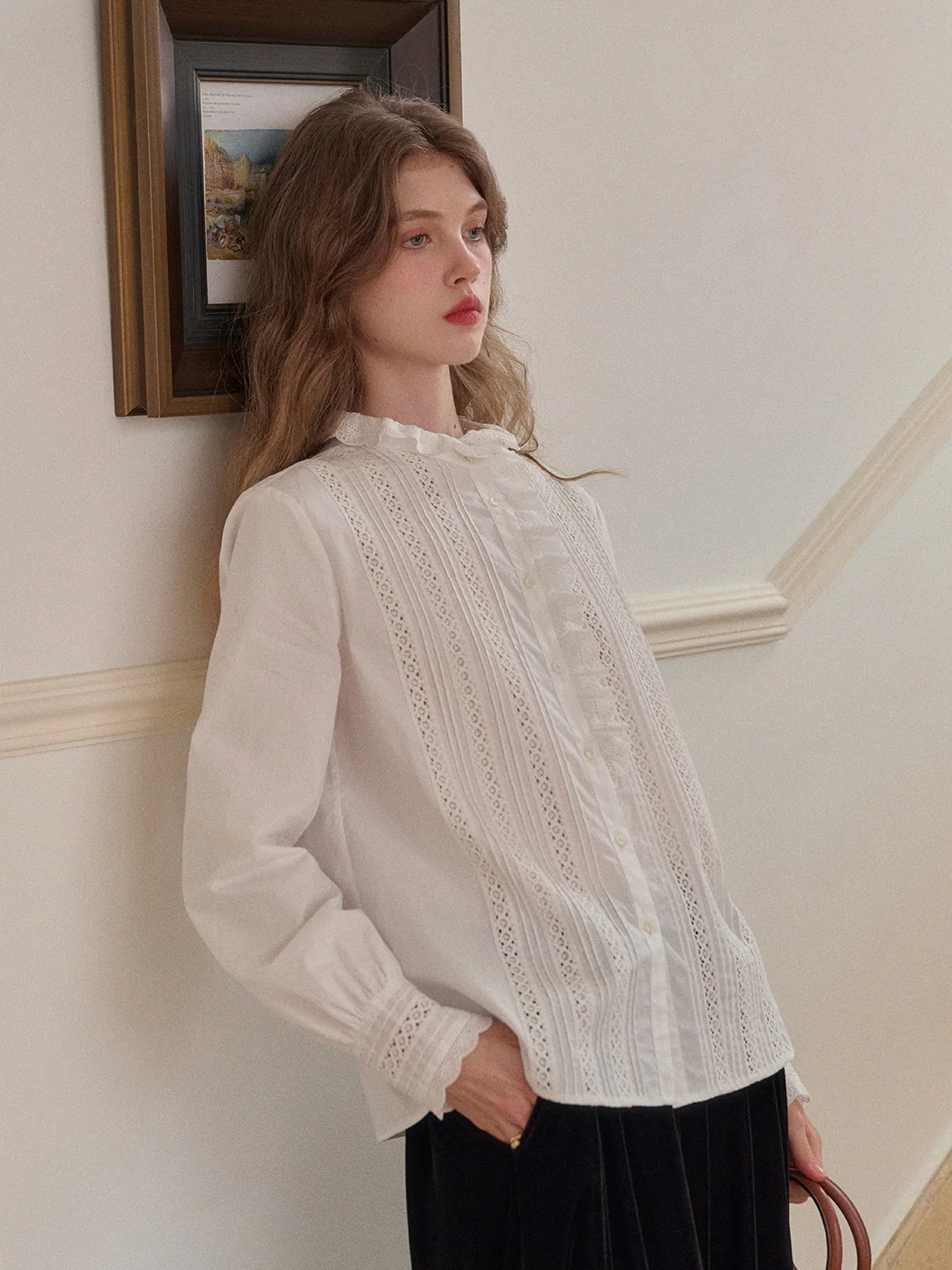 Journi Ruffle Collar Hollow 100% Cotton Blouse