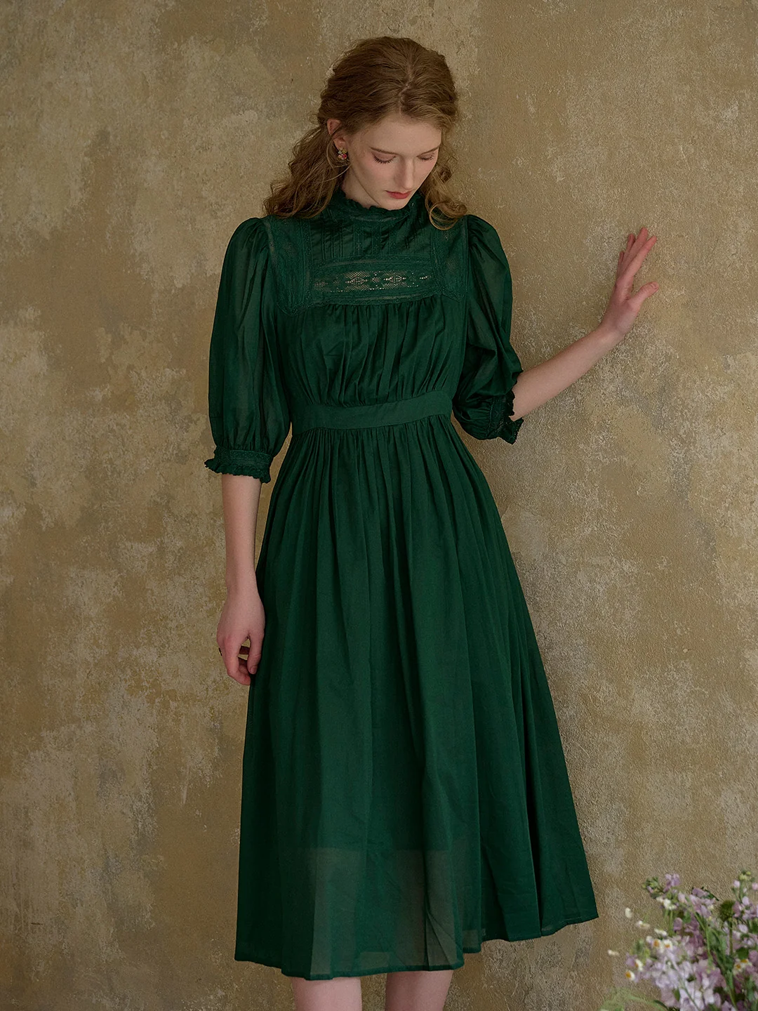 Averie Lace Panel Emerald Green Cotton Dress