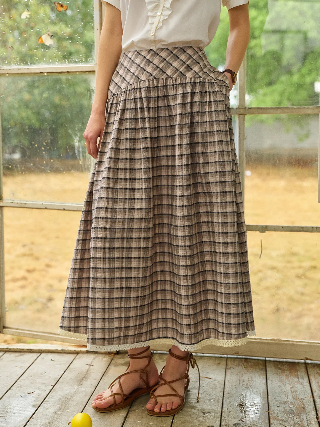 Alaiya Lace Trim Plaid 100% Cotton Skirt