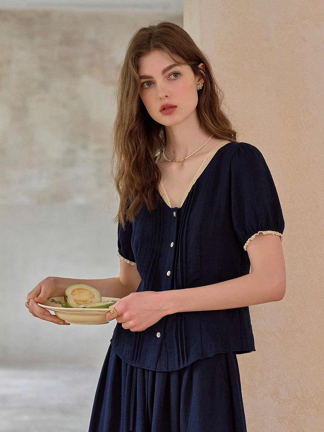 Madelyn V-Neck Lace Linen Top