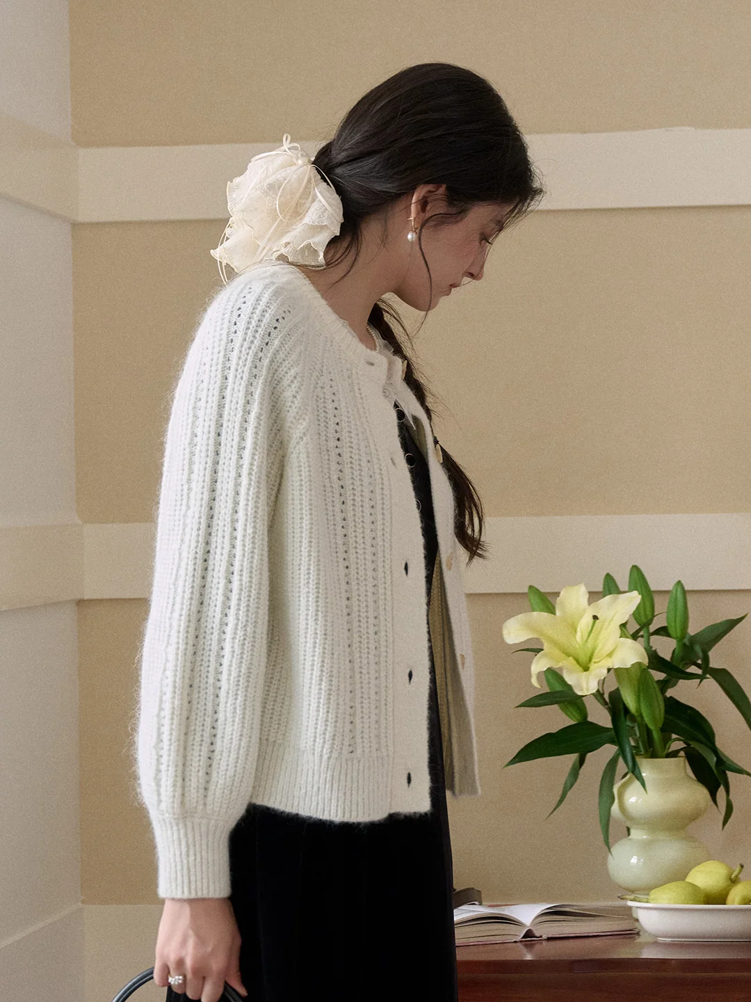 Destiny Round Neck Ribbed Wool Cardigan