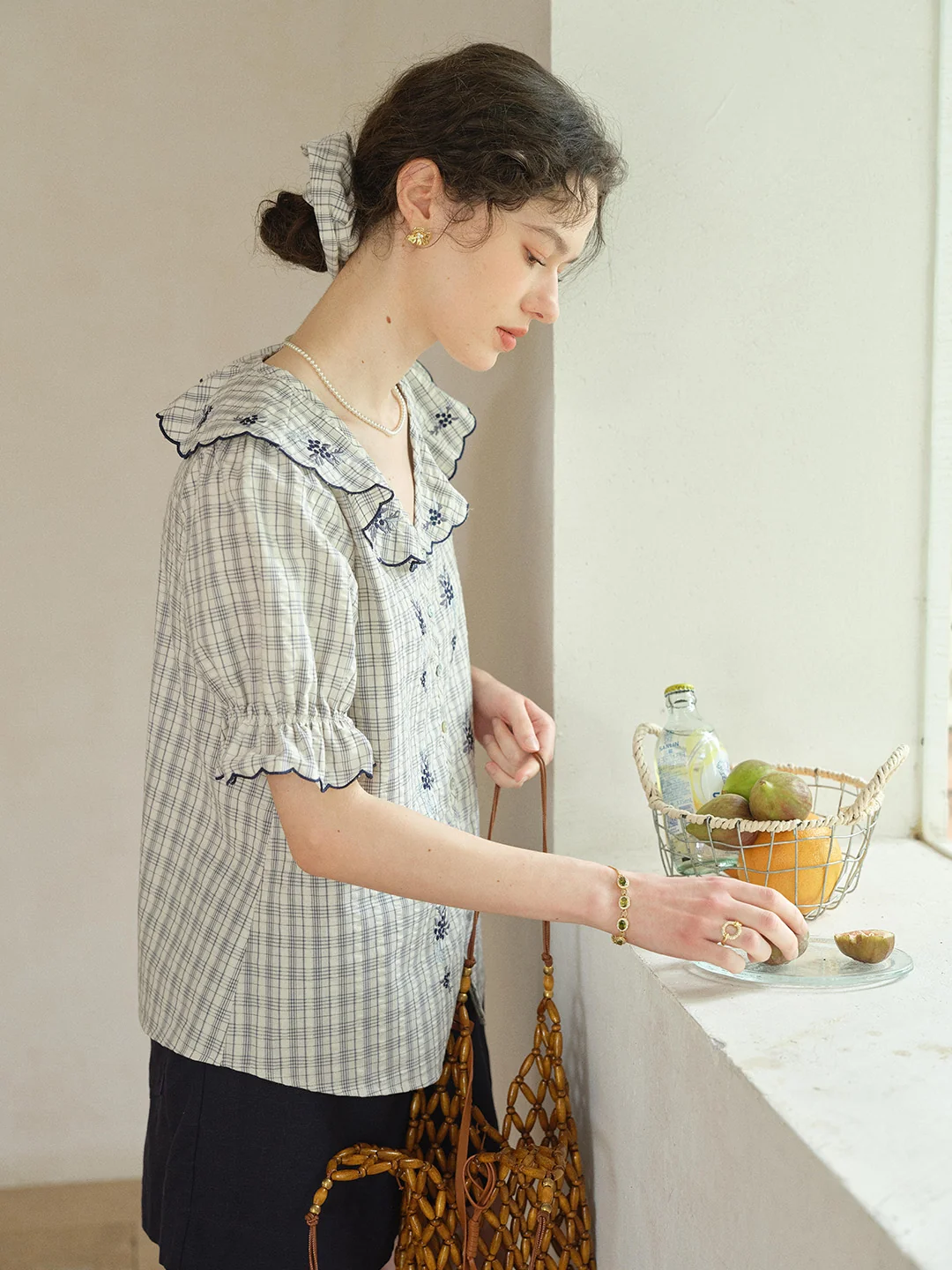 Kaia V-Neck Embroidered Plaid 100%Cotton Blouse