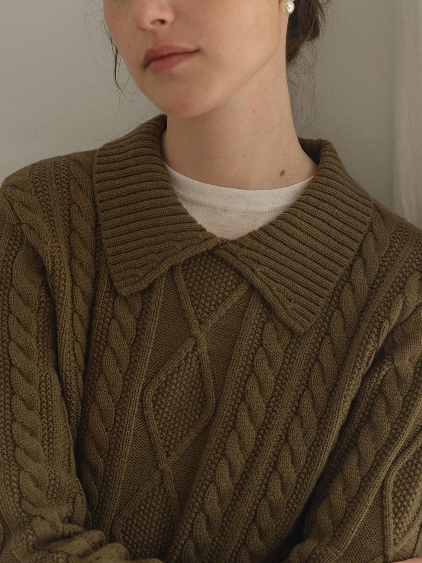 Zemira Lapel Collar Cable Knit Sweater