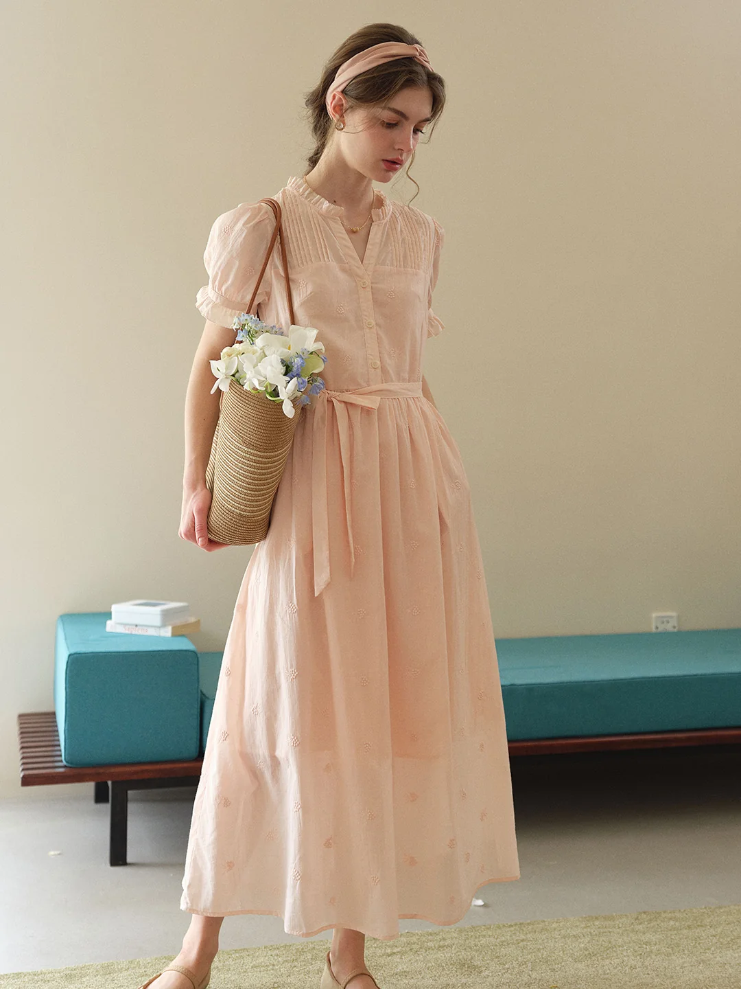 Aitana Rose Embroidered V-neck Puff Sleeve Lace Cotton Dress