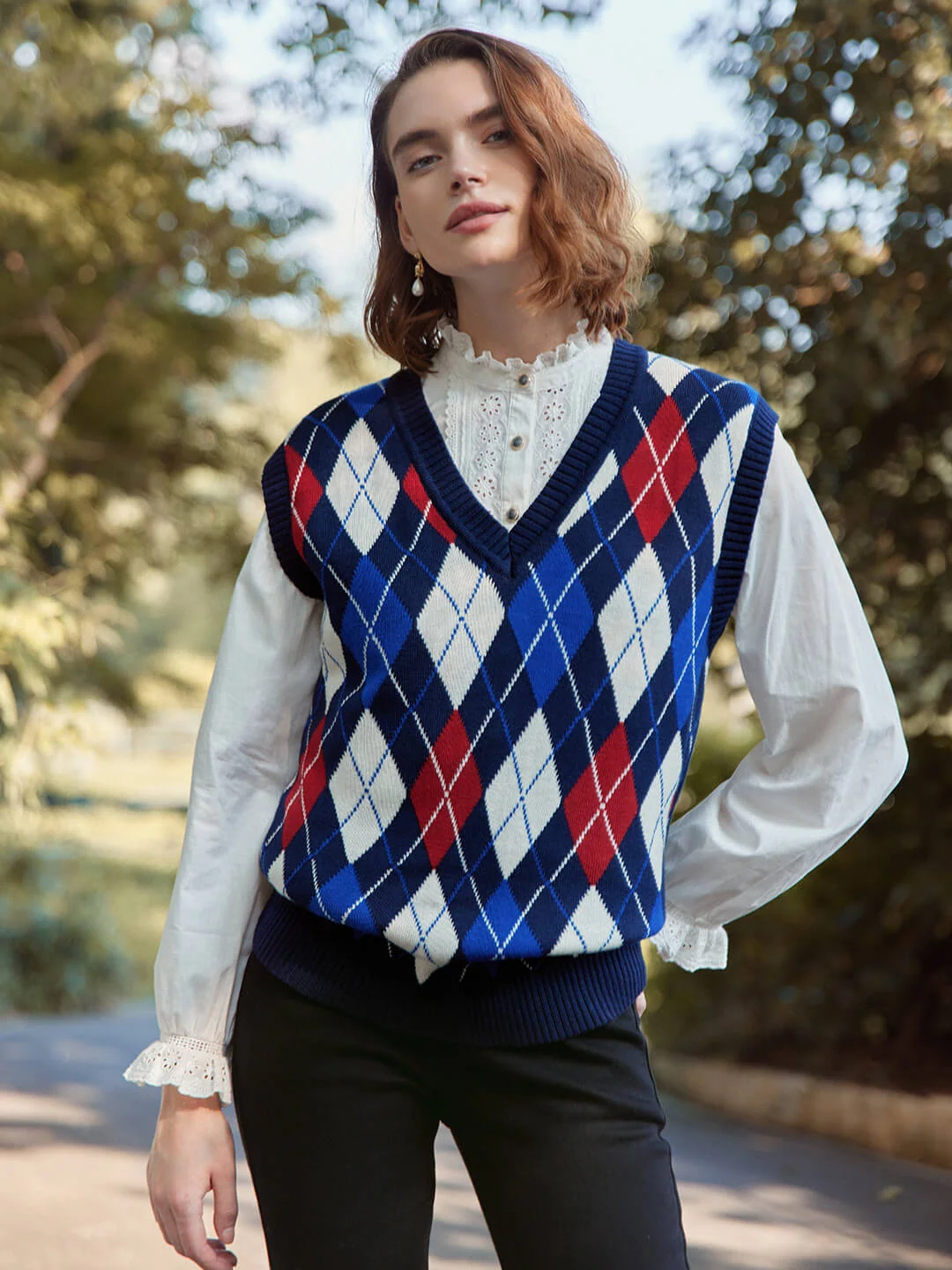 【Final Sale】Jolene Argyle Patterned Dark Blue Knit Vest Sweater