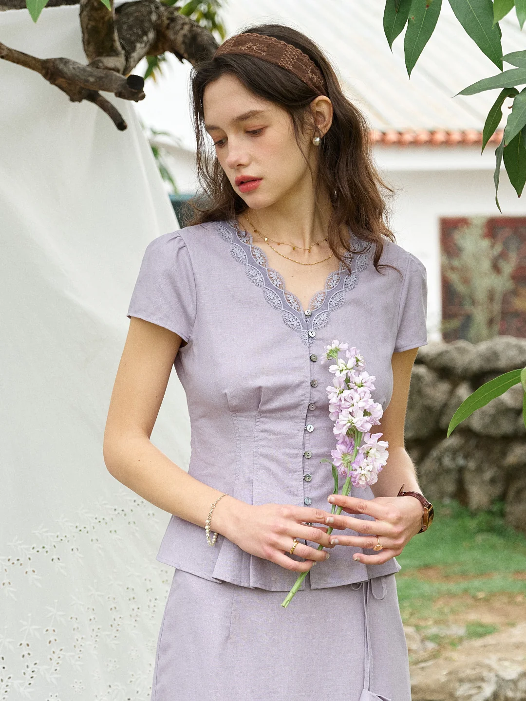 Kairi V-Neck Lace Trim Linen Cotton Blouse