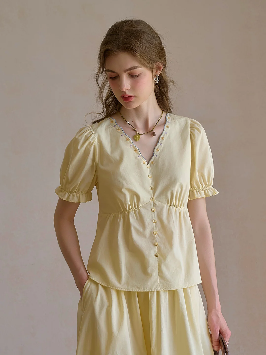 Margaret V-Neck Waist 100% Cotton Blouse