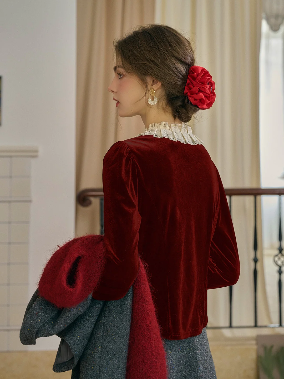 Azaria Round Collar Contrasting Lace Panel Bow Velvet Top