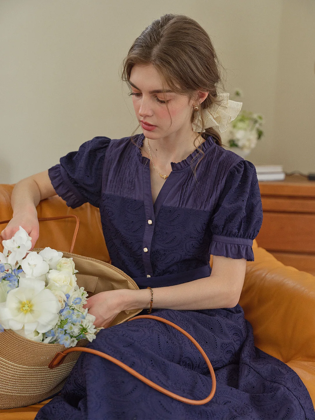Aitana Rose Embroidered V-neck Puff Sleeve Lace Cotton Dress