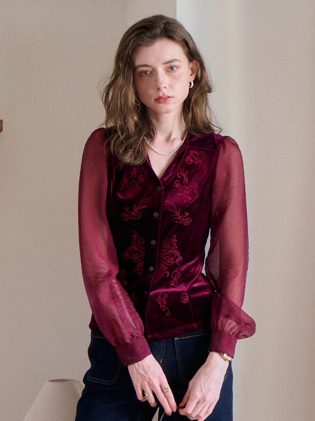 Sevyn V-Neck Velvet Blouse