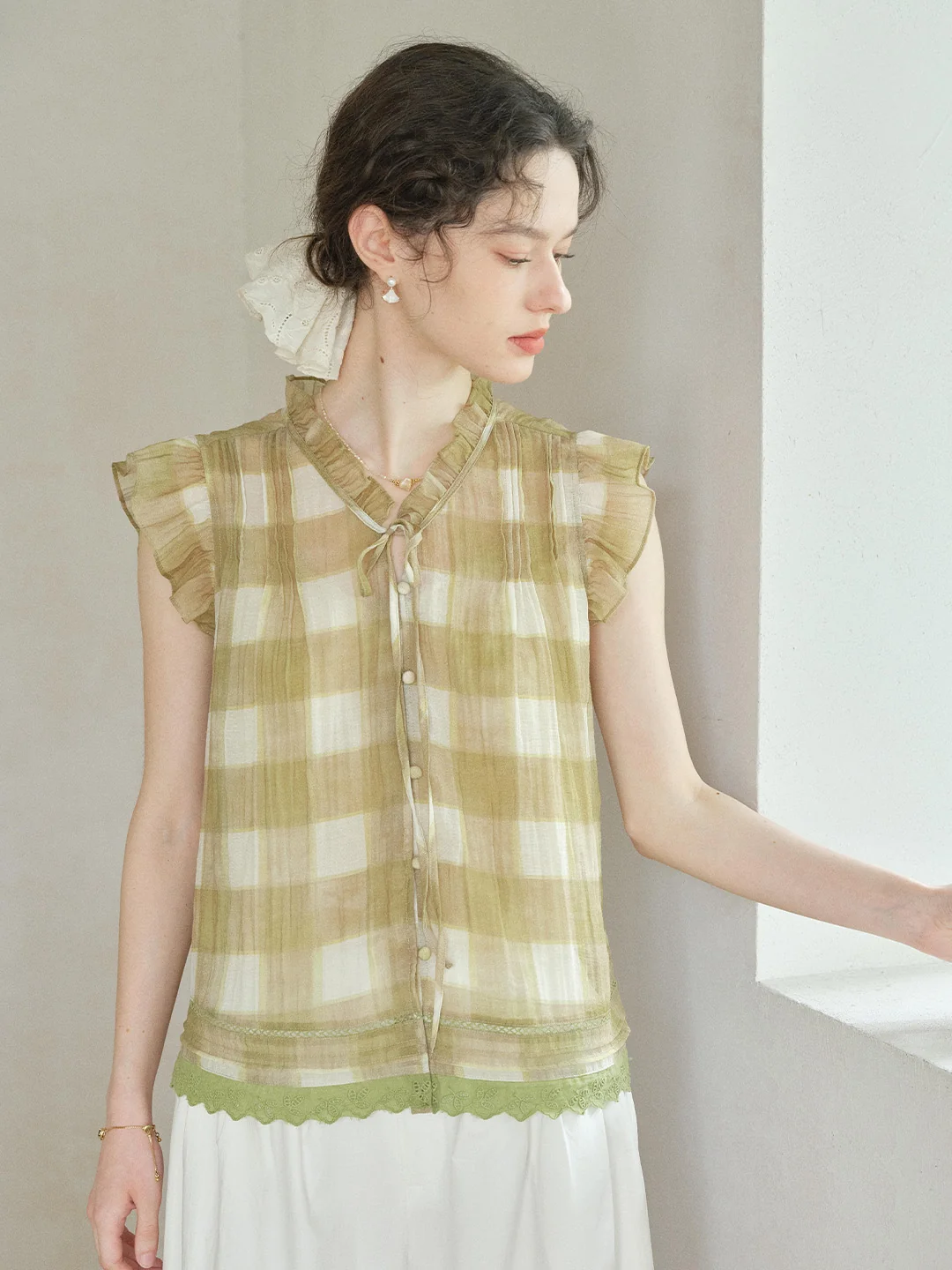 Janelle V-Neck Plaid Blouse