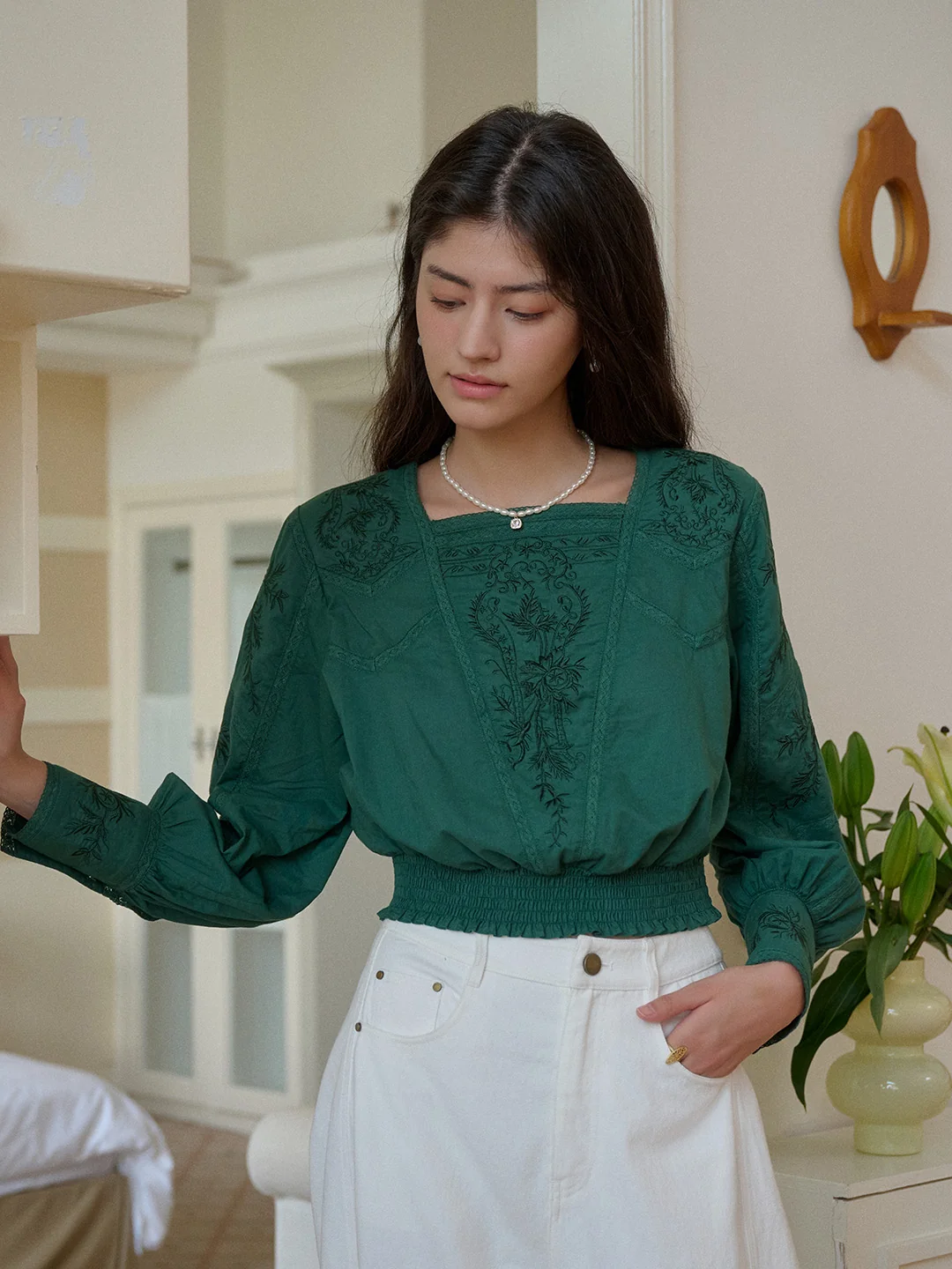 【Final Sale】Oakley Square Neck Embroidery 100% Cotton Blouse