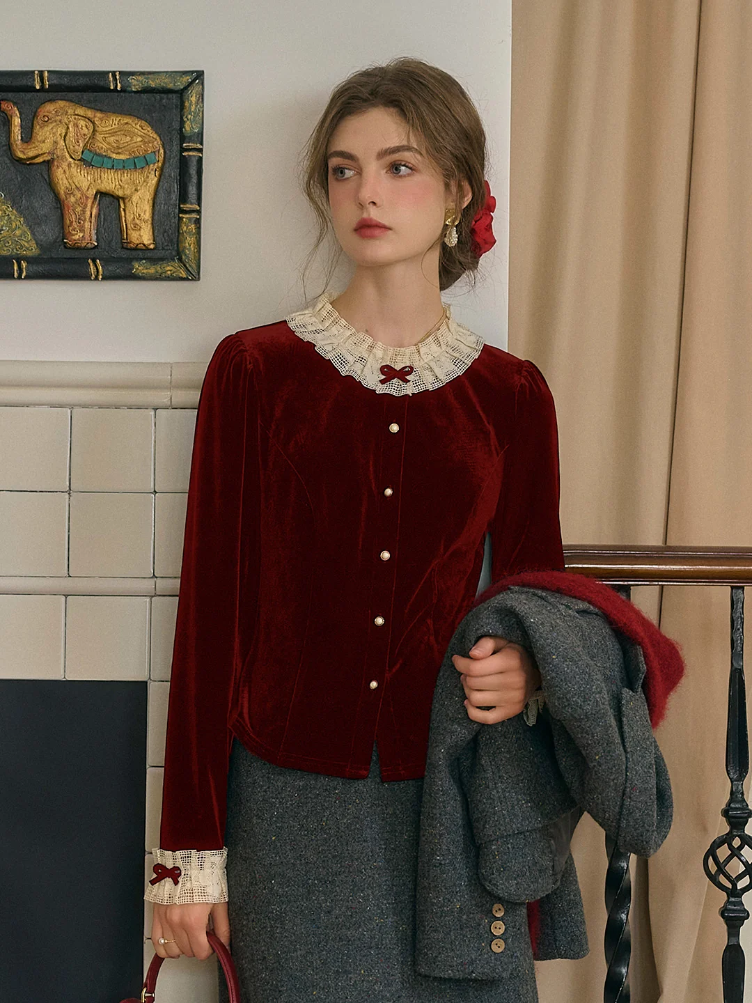 Azaria Round Collar Contrasting Lace Panel Bow Velvet Top