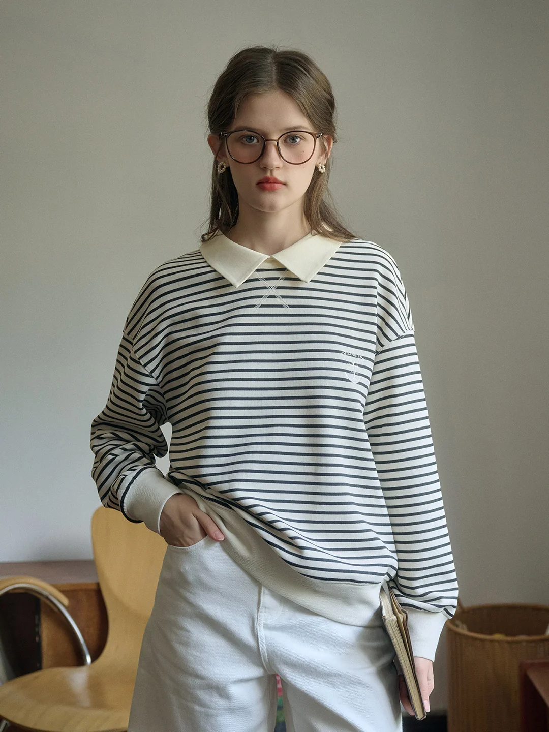 Luella SR Logo Embroidered Contrast Collar Striped Sweatshirt