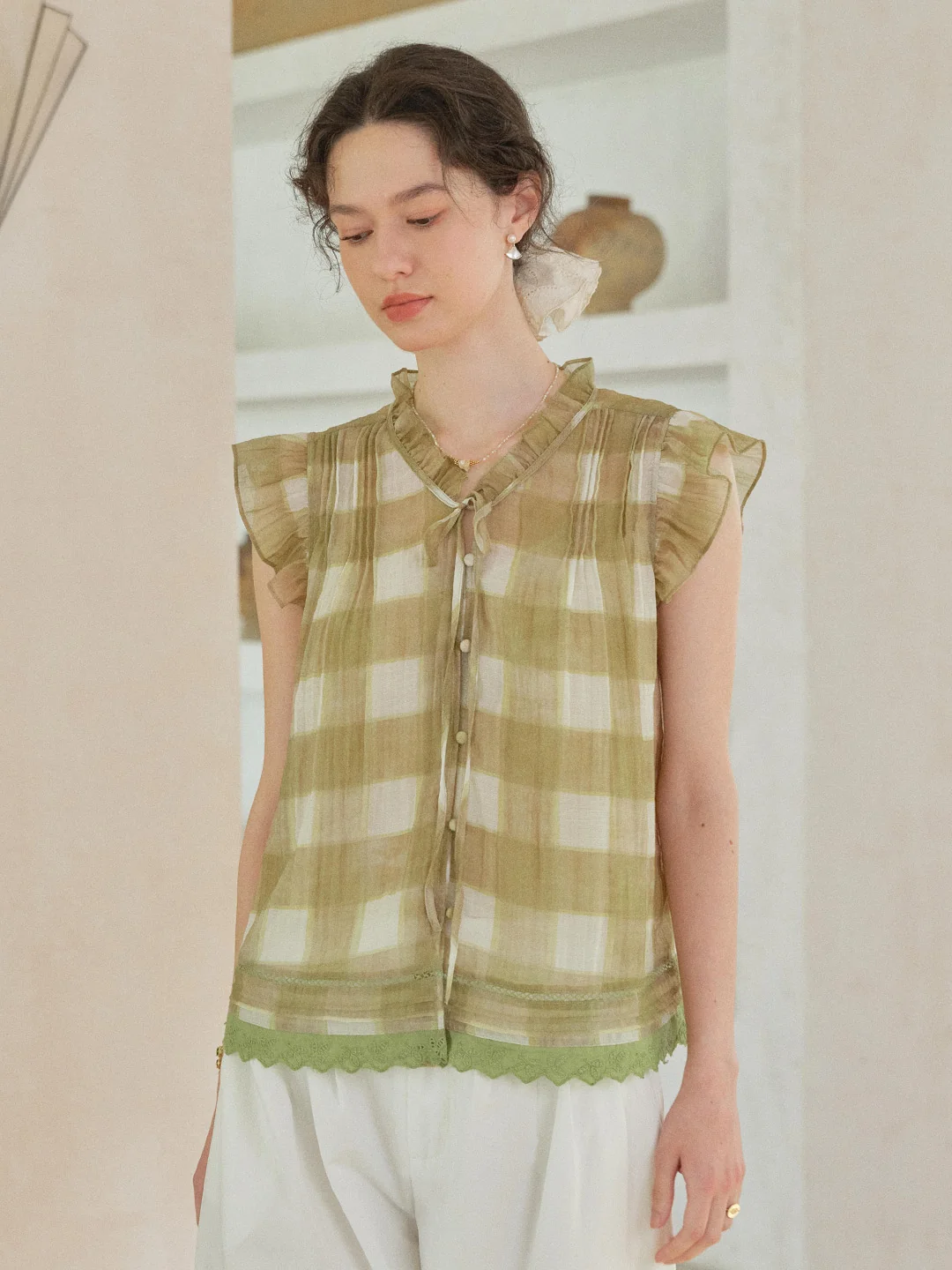 Janelle V-Neck Plaid Blouse
