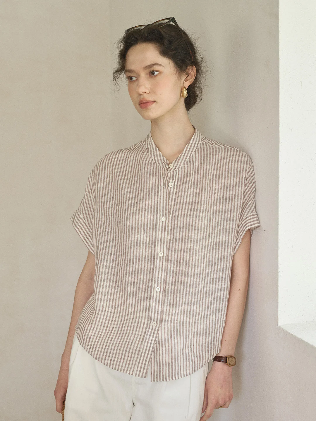 Fleur Stand Collar Stripe 100% Linen Blouse