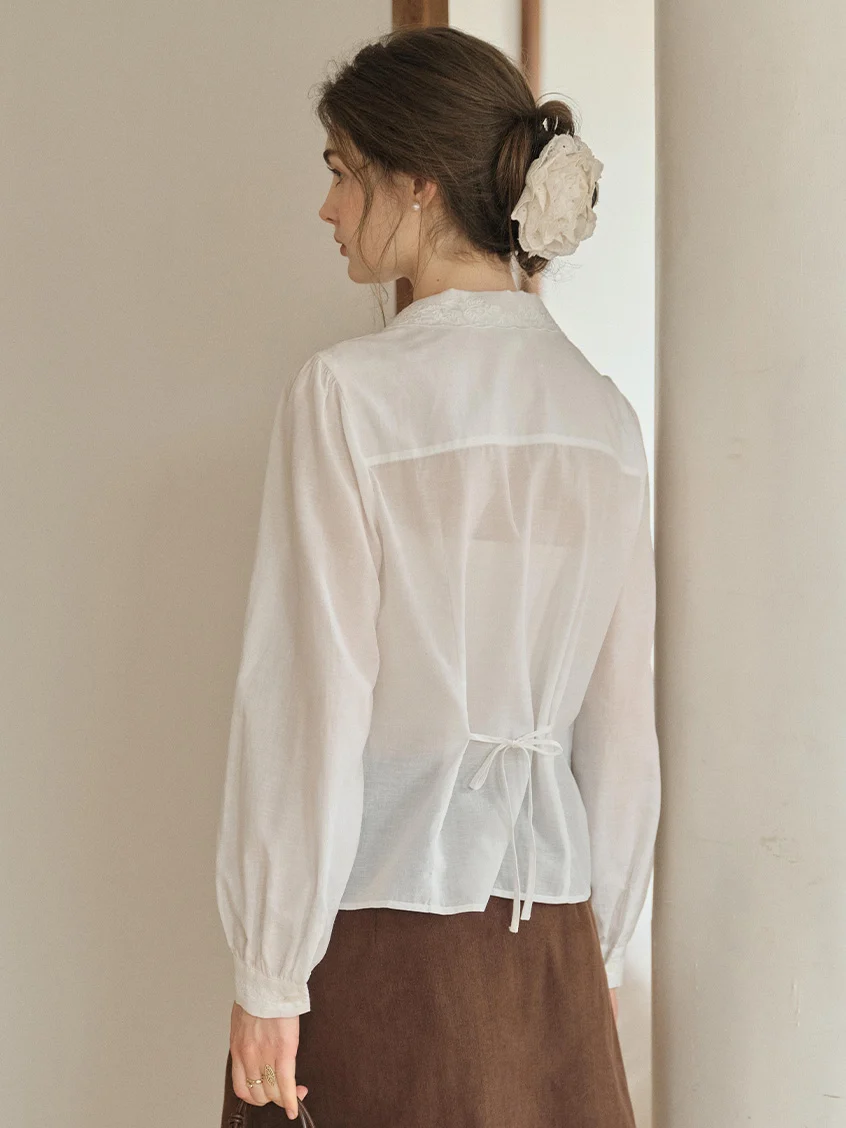 Delaney Lapel Collar Lyocell Embroidery Blouse