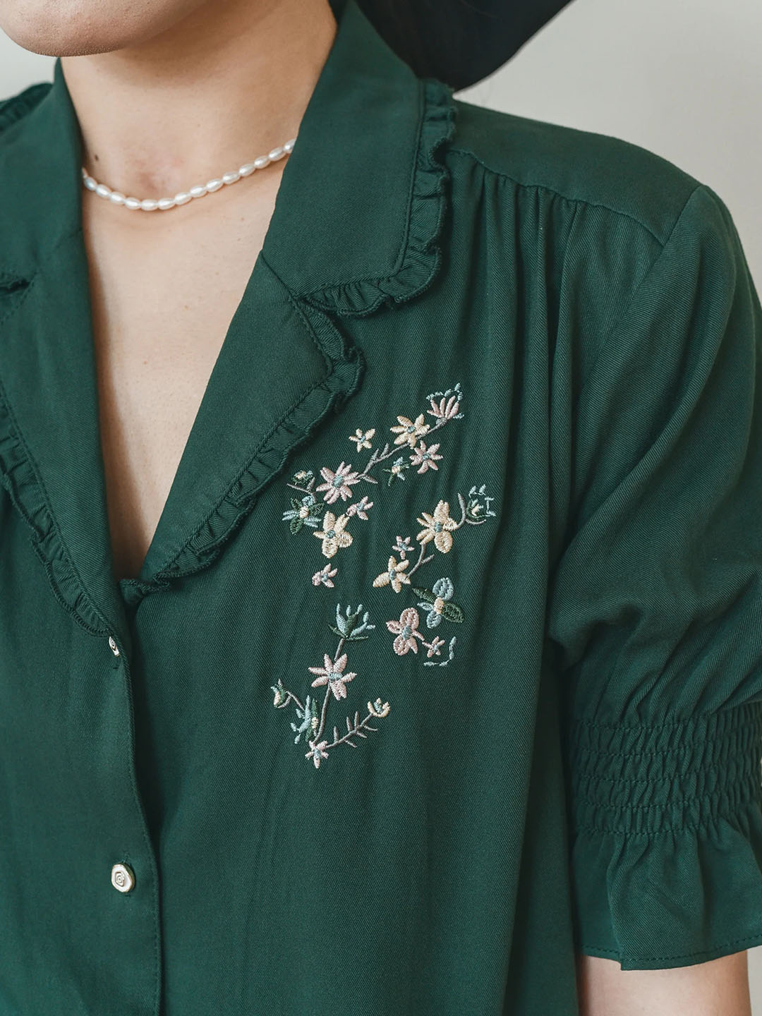 Alicia Floral Embroidery V-Neck Green Blouse