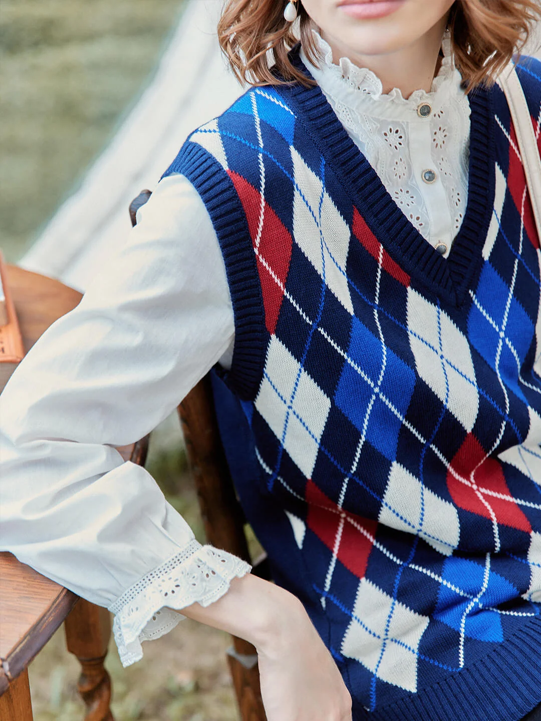 【Final Sale】Jolene Argyle Patterned Dark Blue Knit Vest Sweater