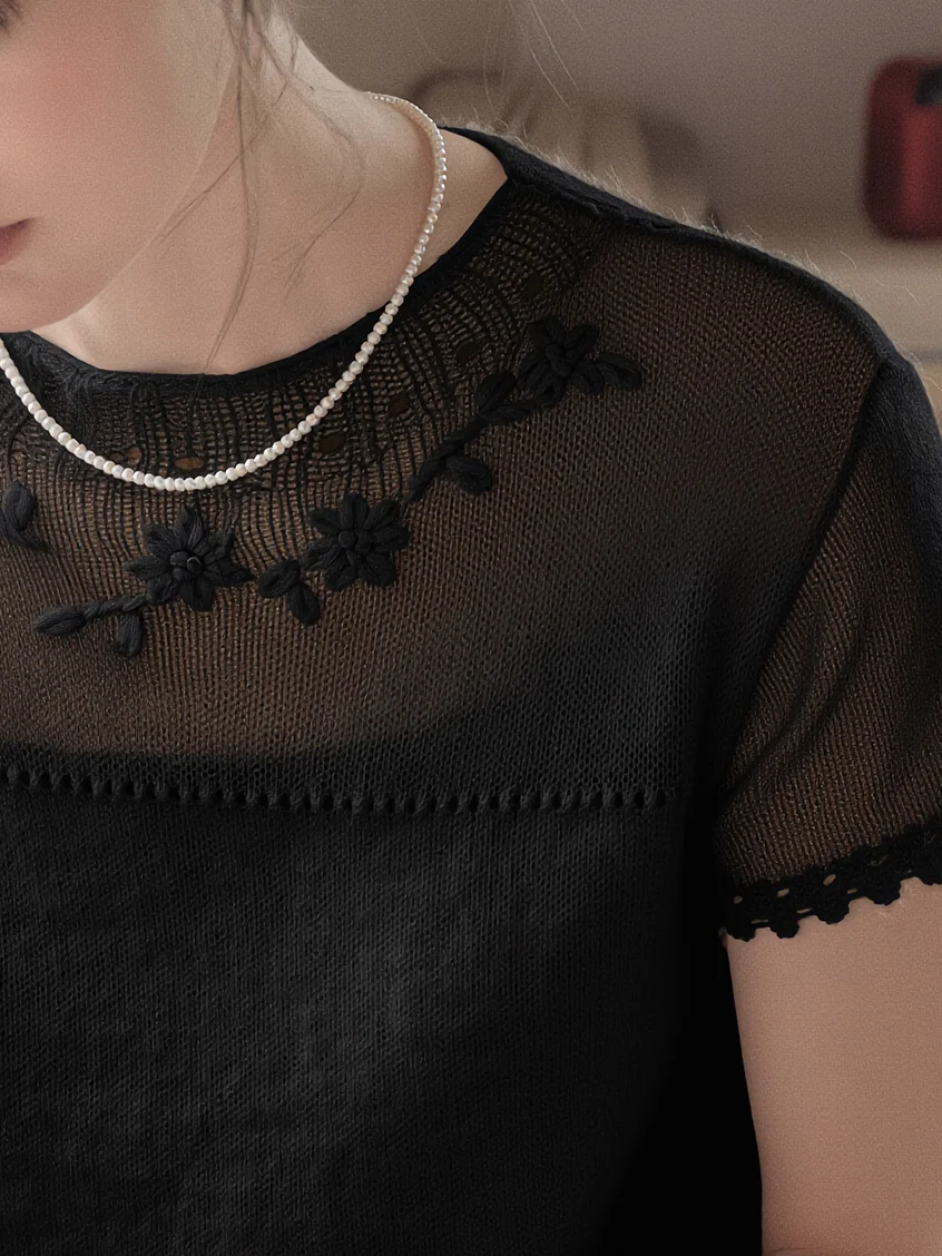 Ellianna Round Neck Lace Embroidery Knitwear